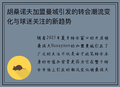 胡桑诺夫加盟曼城引发的转会潮流变化与球迷关注的新趋势